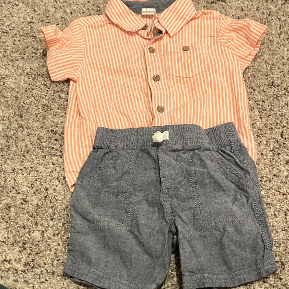 Little Plant Carter’s Boy Outfit 24 mths - orange white stripe shirt blue Short